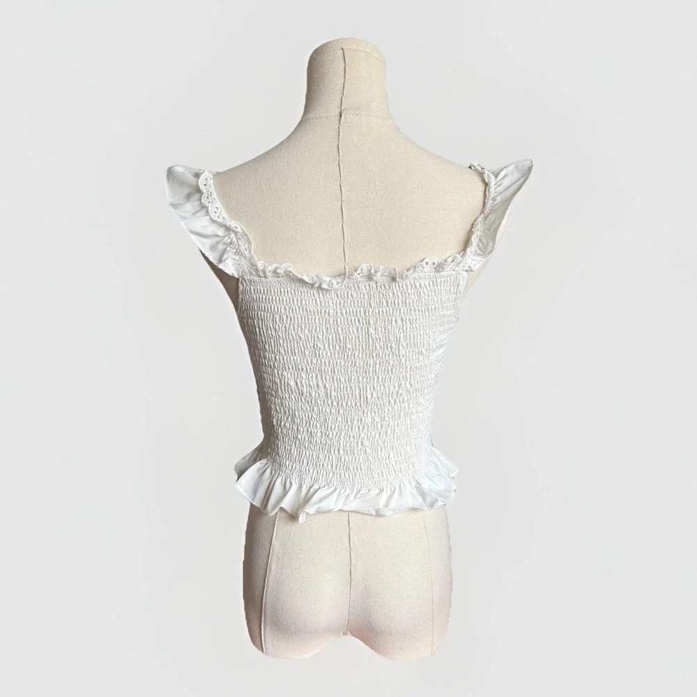 Coquette Ruffle Babydoll Top M Romantic Y2K Boho Fairy Keyhole Tie White V-Neck - Picture 3 of 9